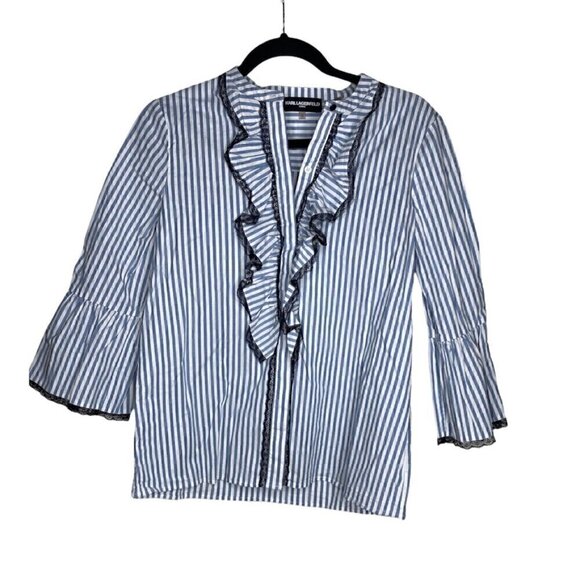 Karl Lagerfeld Blouse Size S Women's Collared Ruffle Bell Sleeve Button Down - Picture 1 of 6